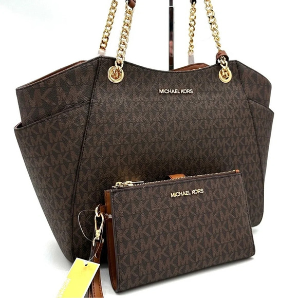 Michael Kors Large Jet Set Travel Chain Shoulder Bag & Double Zip Wallet Brown - Picture 3 of 15